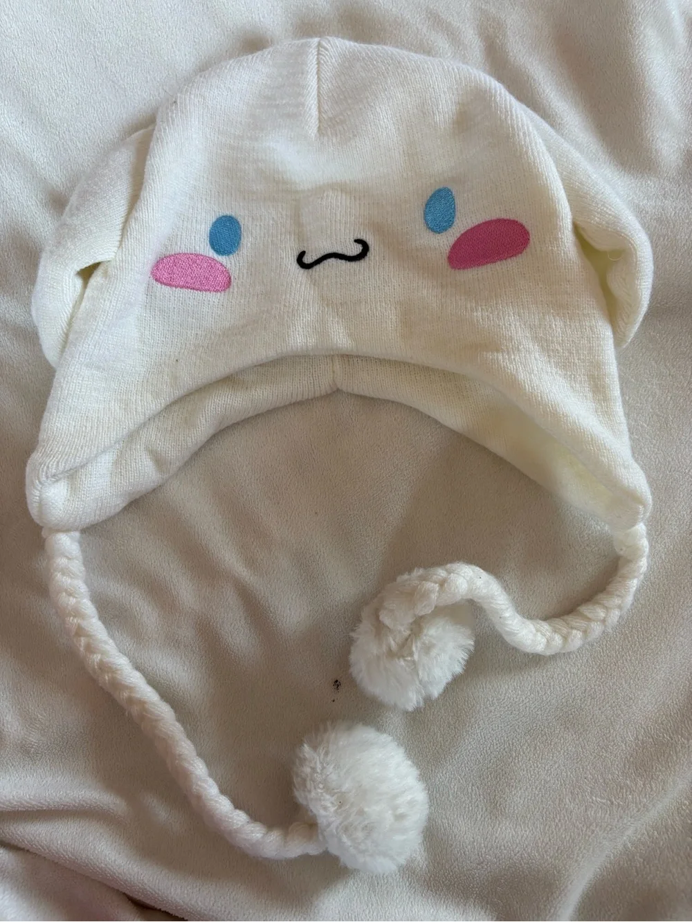 Kids White Plush Character One-Piece Hat with Pom-Poms